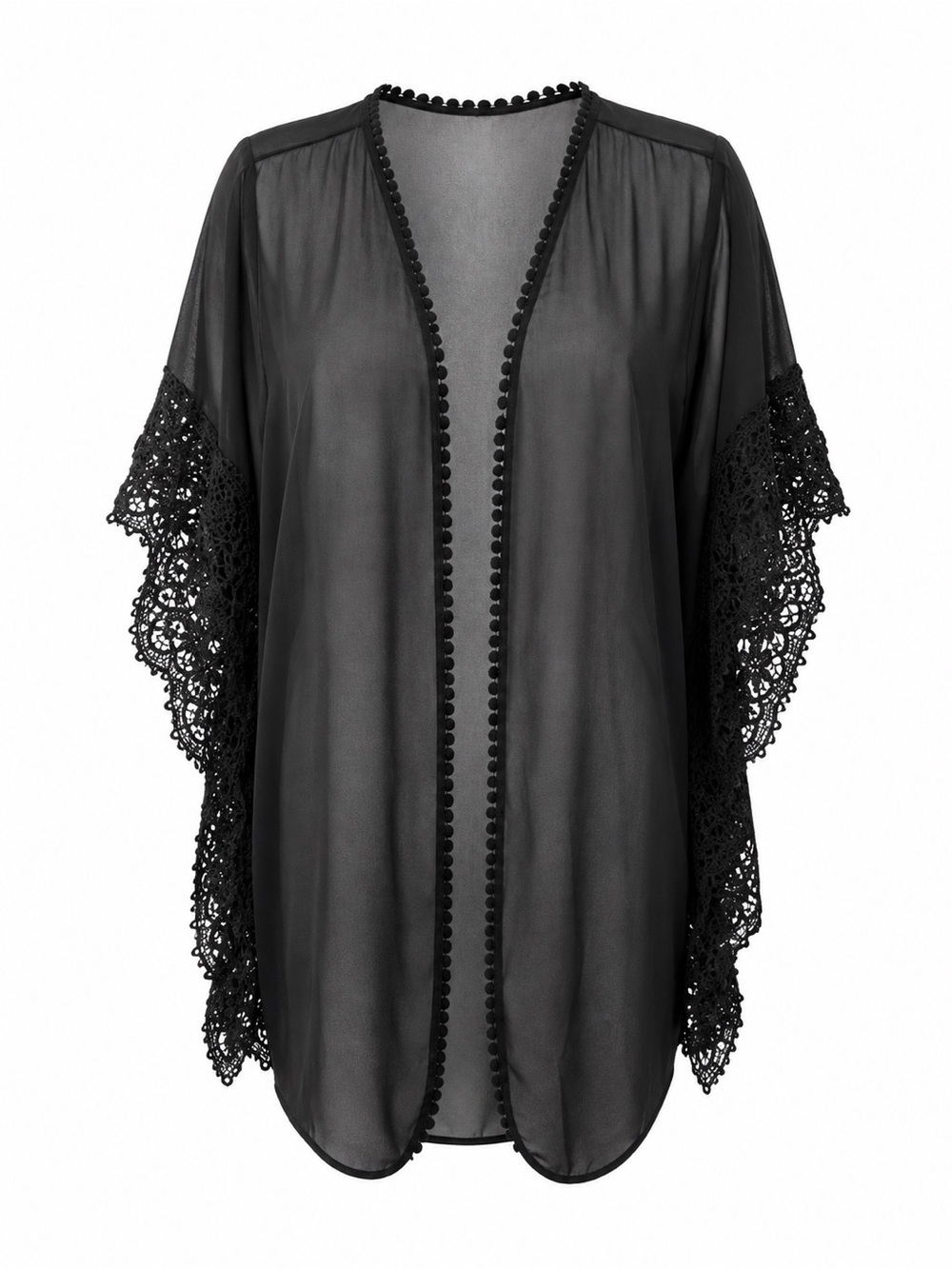 Black Sheer Kimono Cardigan Lace Crochet Sleeve Cover Up